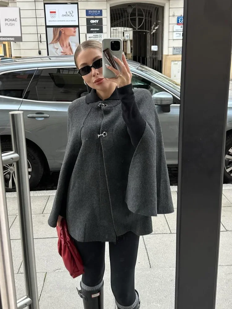 Elegant Solid Cloak Woolen Coat For Women Fashion O-neck Single Breasted Shawl Jackets 2024 Autumn Lady High Street Chic Outwear