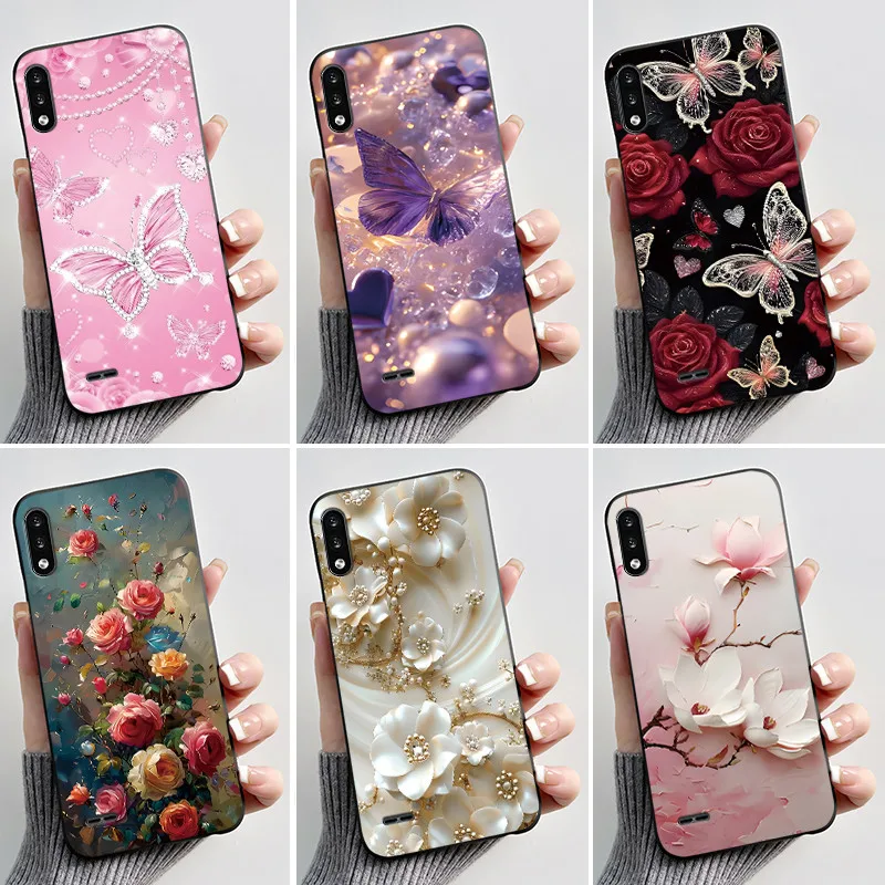 Capa de luxo para lg k22, lm-k200, lmk200b, borboleta, flor pintada, capa de silicone preta, capa macia