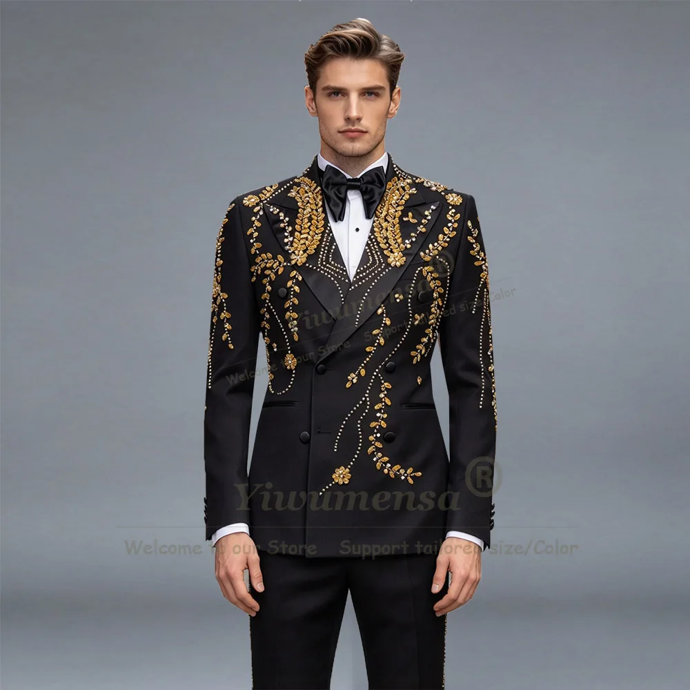 Exquisite Men Suits For Wedding Jewelry Stones Tuxedo Double Breasted Prom Blazer Formal Party 2 Pieces Customized Man Outfits