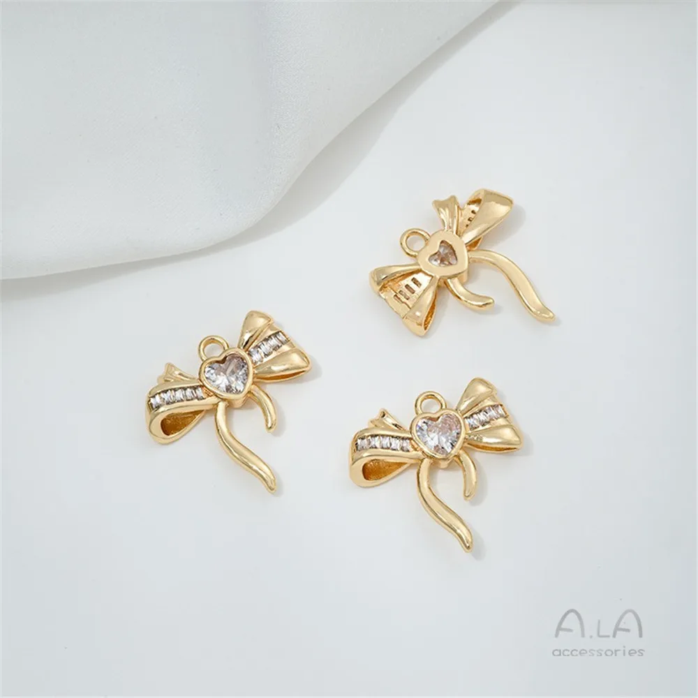 14k Bag Real Gold Set Zircon Bow Pendant Accessories Handmade Bead DIY Necklace Earrings Jewelry Material