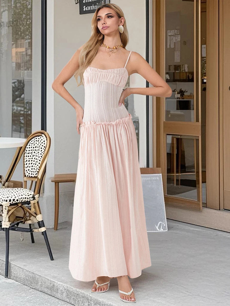 ผู้หญิงชุดยาวสีทึบสปาเก็ตตี้ Cami ฤดูร้อนแฟชั่นแขนกุดชุดลําลอง