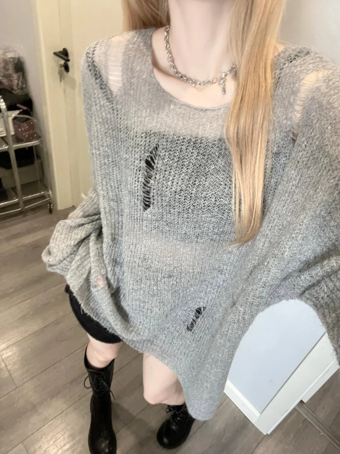 Gray Raglan Hoodie Thin Sweater Autumn and Winter Women Long Sleeve Knit Loose Sunscreen Retro Casual