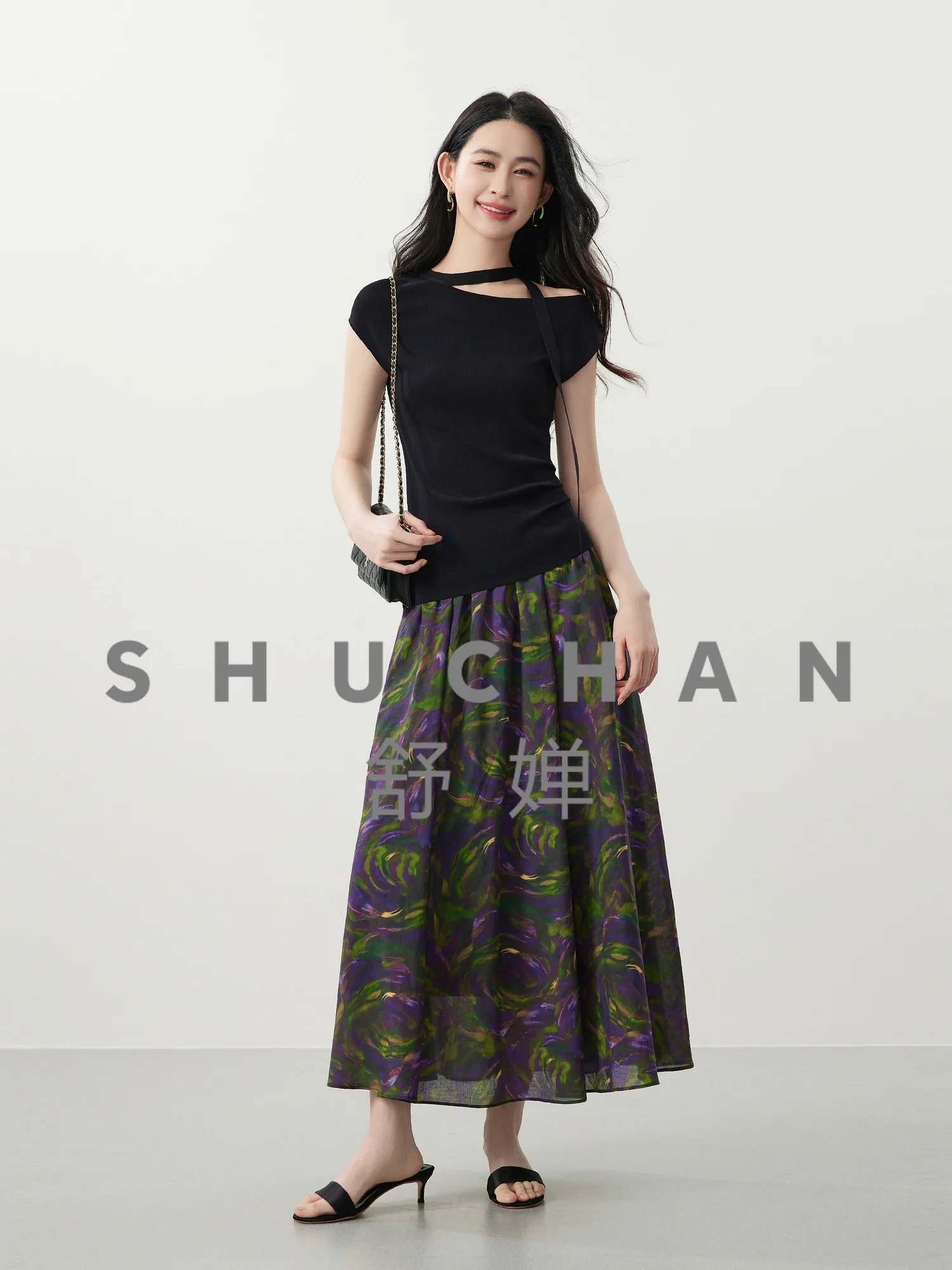 

[Mone's Illusion] 100% Coon Ream Freehan Purple An Green Prining Elastic Wais A Penulum Skir 26 Spring New