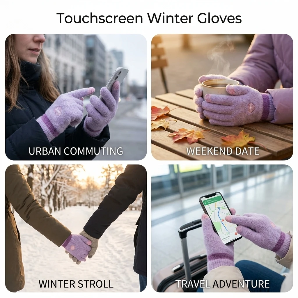 Winter Outdoor Gloves Touchscreen Compatible Warm Mittens Heart Embroidery Plush Fleece Lined for Cold Weather Cycling Skiing
