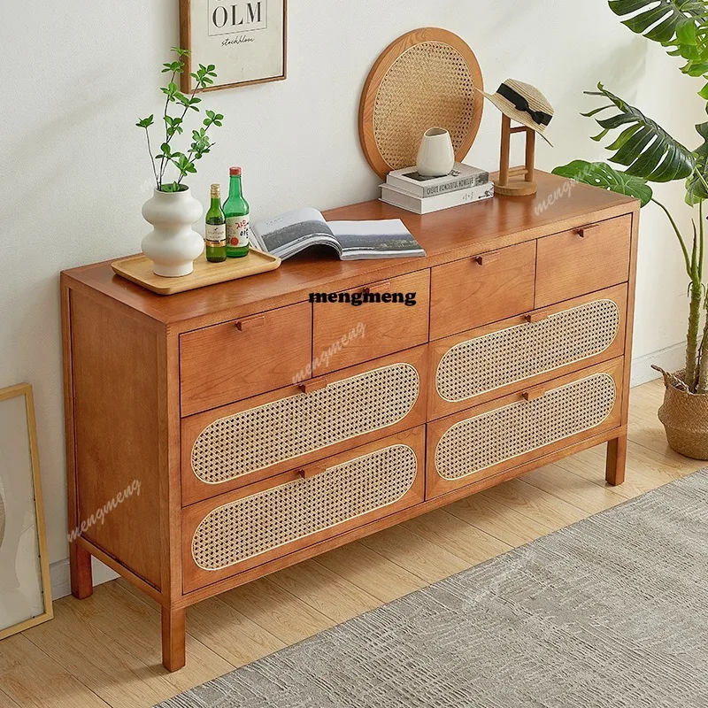 

Nordic solid wood chest household bedroom rattan retro drawer locker multi-functional storage chest
