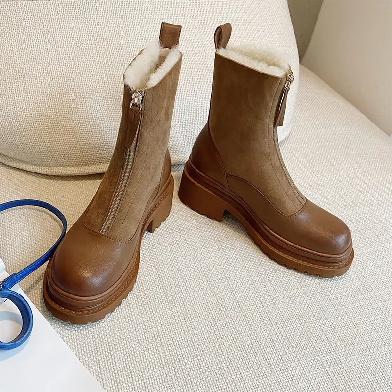 2023 Women Snow Boots ,Fashion Front Zip Plush Winter Shoe Short Botas Thick Sole Round Toe Back Zip Black Brown Dropship New