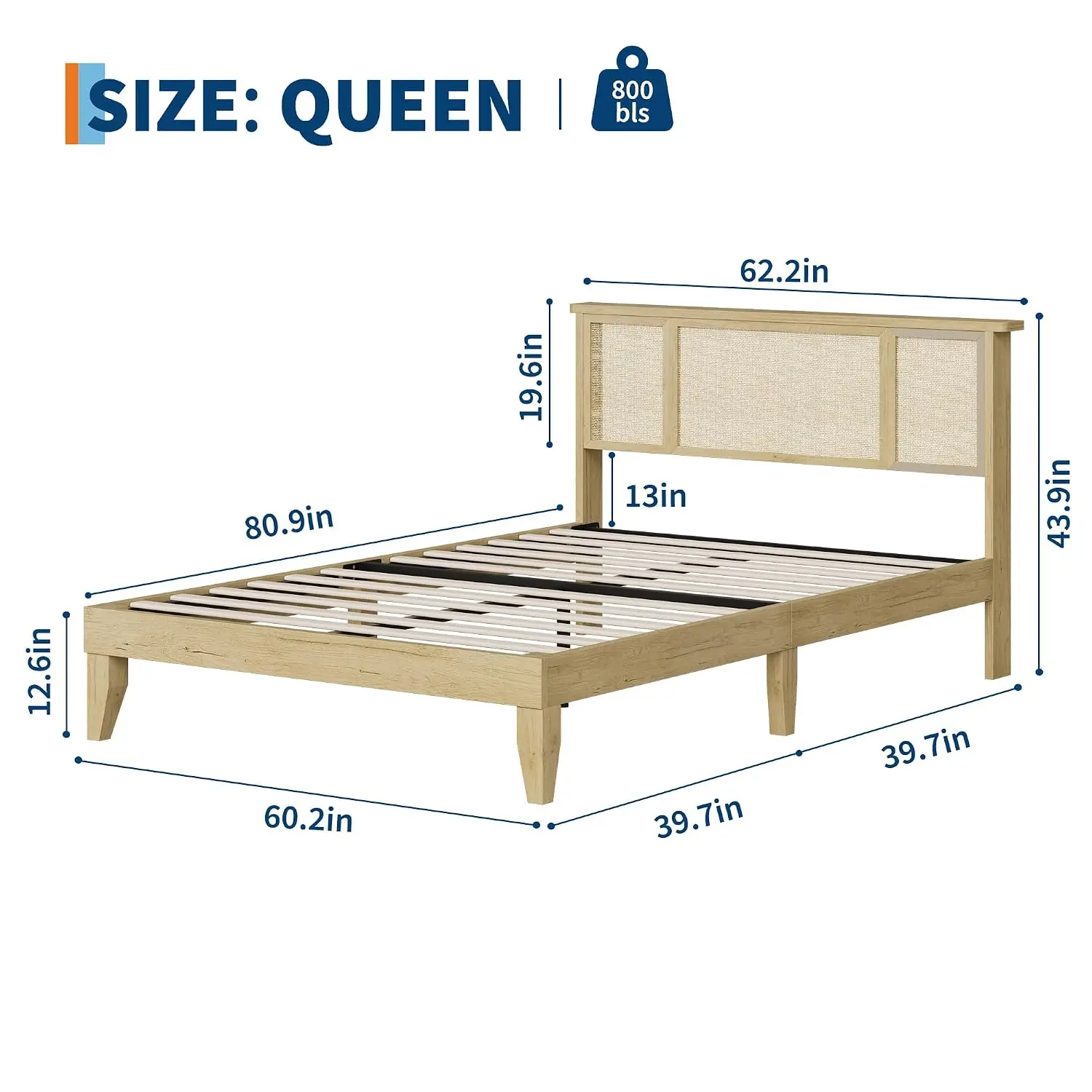 Boho Rattan Headboard Bed Frame, Metal Base & Wood Slats, Cane Weave No Box Spring, Modern Bedroom, Customized