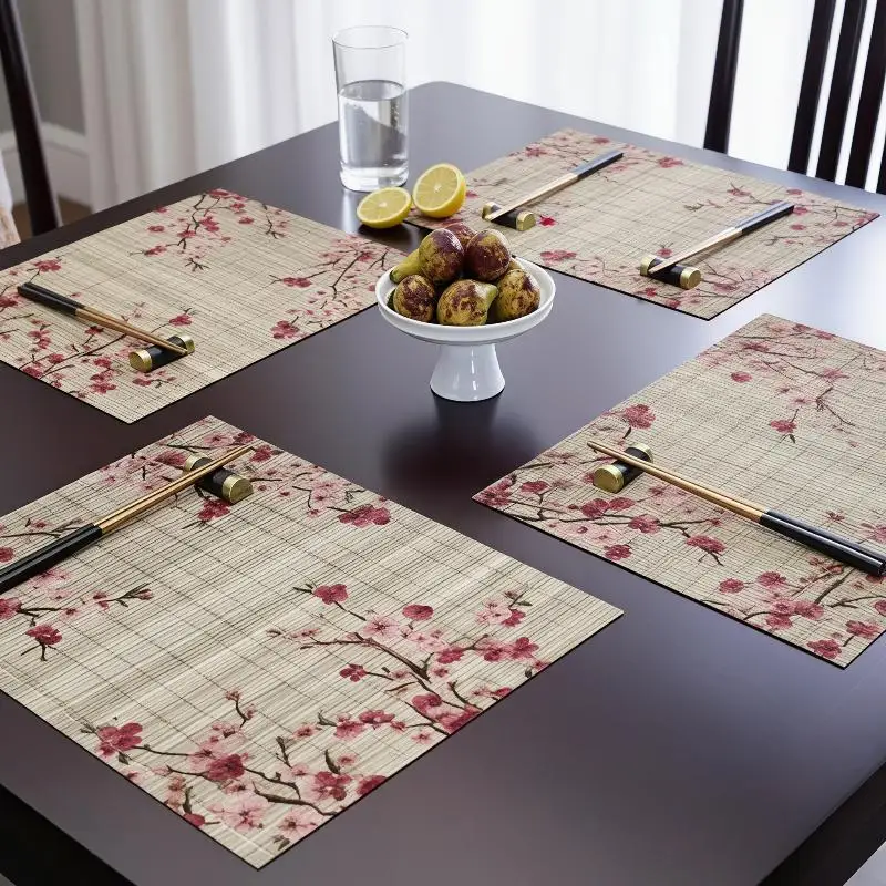1pcs Japanese-Inspired Blossoms & Bamboo Placemats | Square Linen Table Mats