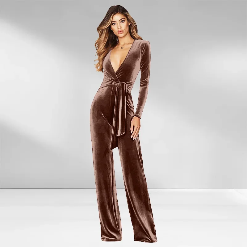 

Женский комбинезон с глубоким V-образным поясом, модный корейский бархатный комбинезон с длинными рукавами