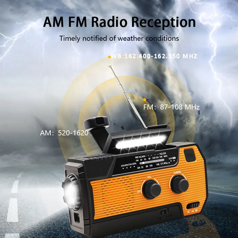 FM Radio Weather Receiver 4000mAh Multifunctional Solar Hand Crank Radio USB Charging Emergency Radio LED Flashlight Power Ban