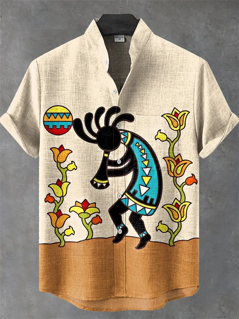 Men's Short Sleeve Shirt Vintage Ethnic Style Sunlight and Tree Illustration Art Wave Print Casual Linen Shirt,