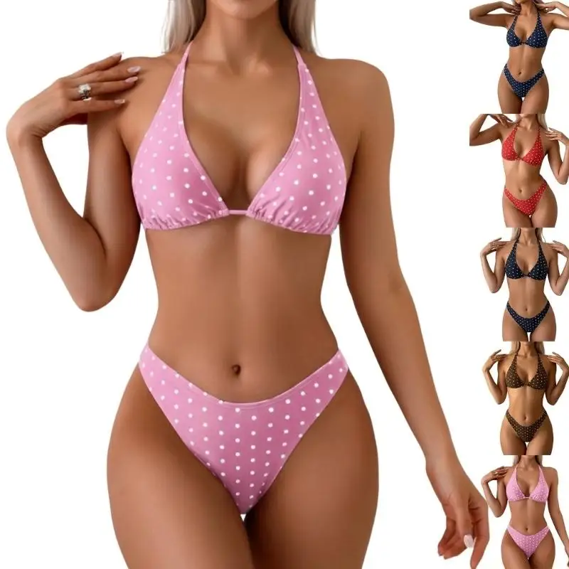 U2JB Women's 2 Piece Polka Dots Halter Set Tie Back Vacation String Swimsuit
