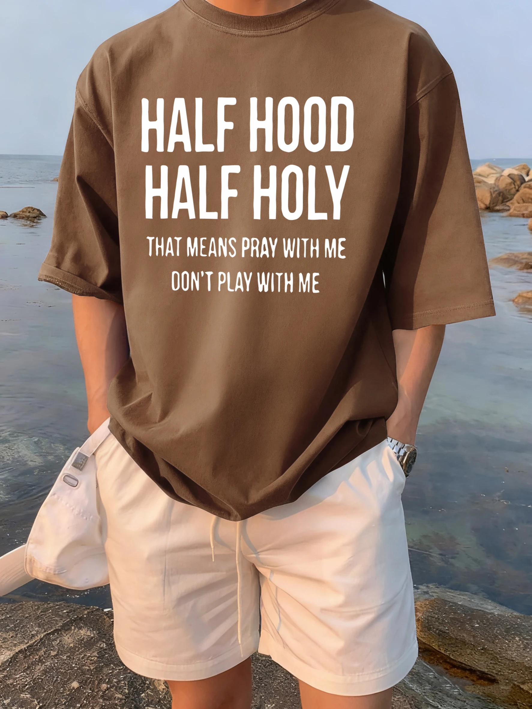 Half Hood Half Holy Print Man O-Neck Comfy Short Sleeve Summer Casual T Shirt Breathable Street Tops Cotton Sport T-Shirts