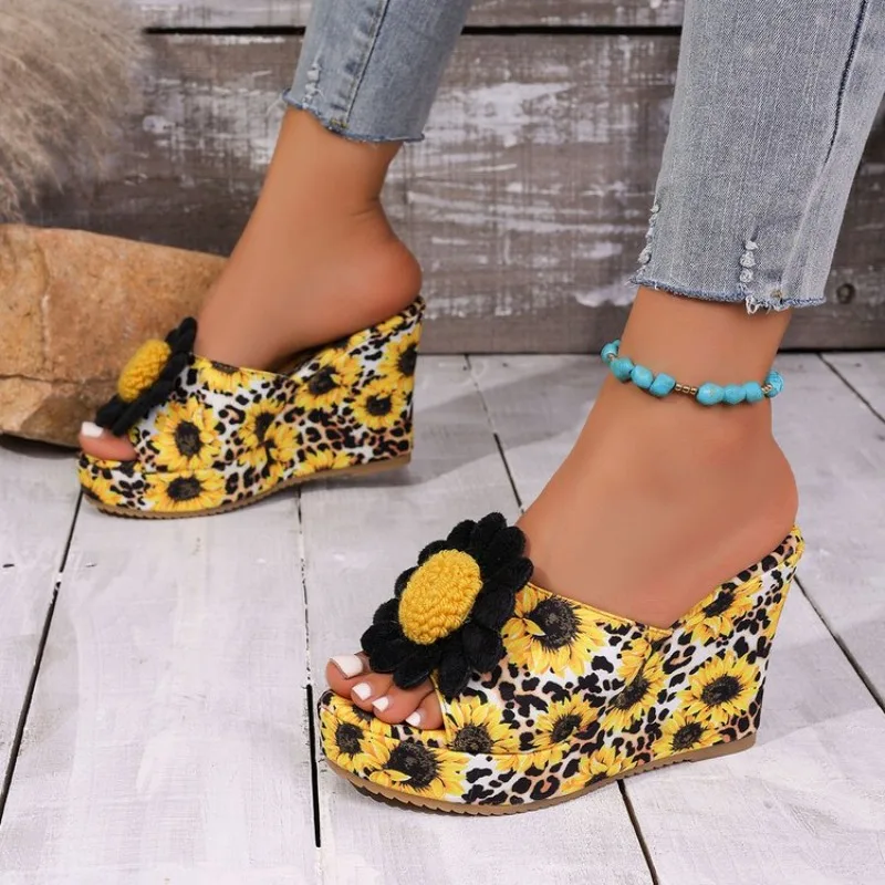 Sunflower Print Thick Sole Wedge Sandals Women 2026 Summer High Heeled Platform Slippers Woman