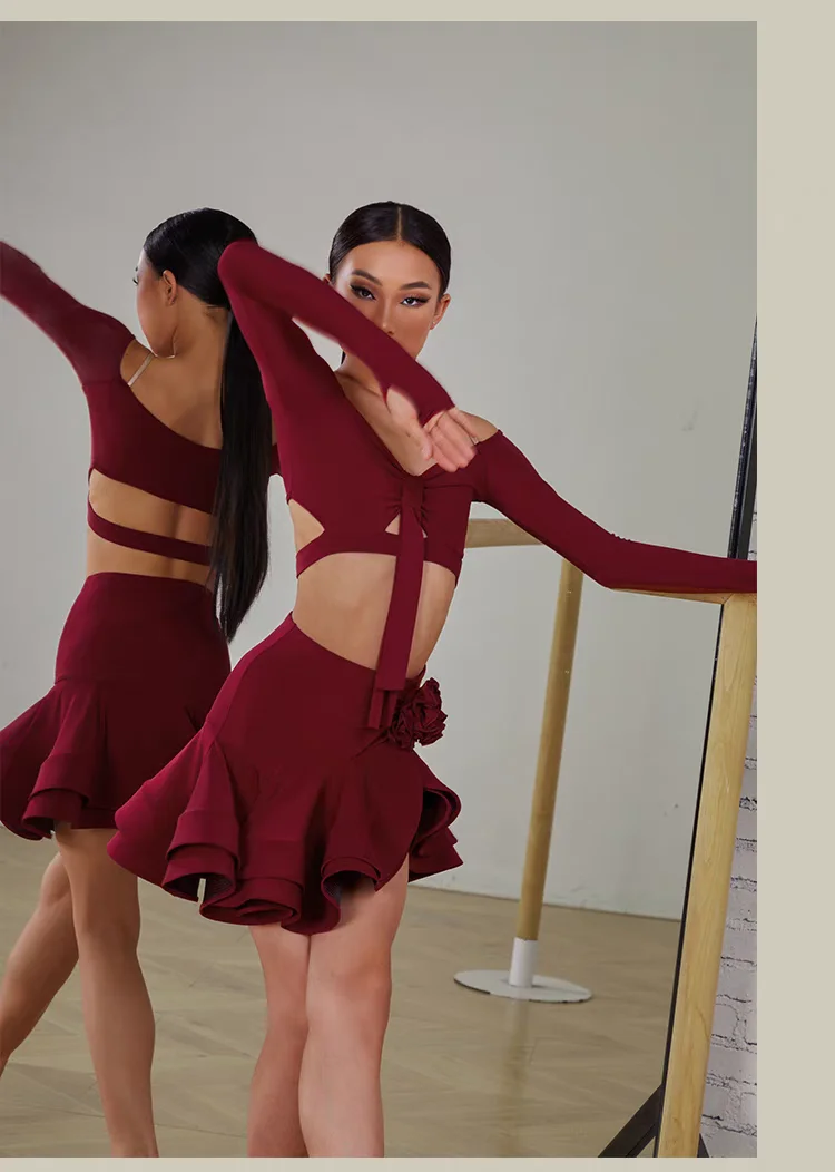 Conjunto de baile latino, ropa para niñas, falda corta de manga larga, vestido de competición de actuación de Chacha samba, vestido negro burdeos para niños