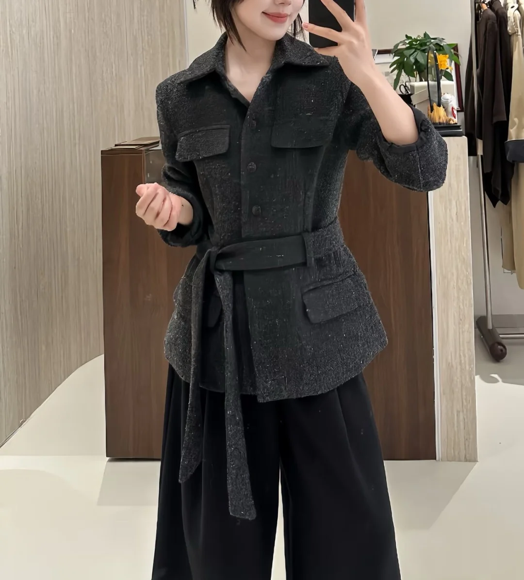 2026 Autumn Belted Coat - High-Quality Metallic Twill Plaid Collared Slim-Fitting Coat