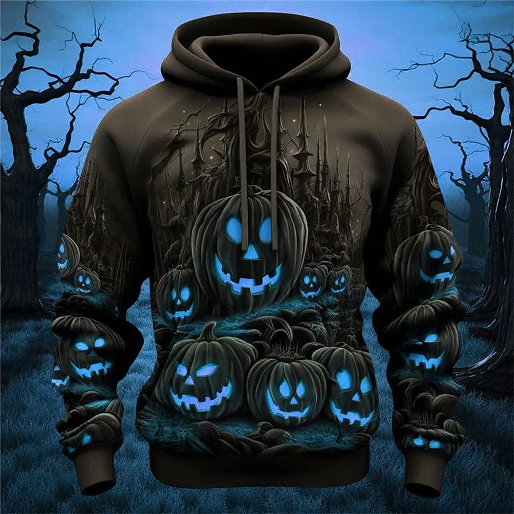 Men Halloween 3D Print Hoodie Scary Pumpkin Ghost Tree Graphic Drawstring Pullover Sweatshirt