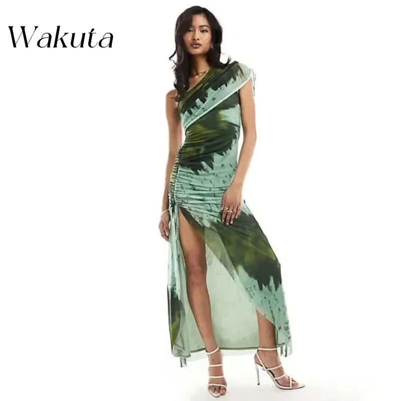 WAKUTA American Vintage Fall Slant Shoulder Sleeveless Light Breeze Dress Sexy Spice Printed High Waist Cocktail Long Gowns