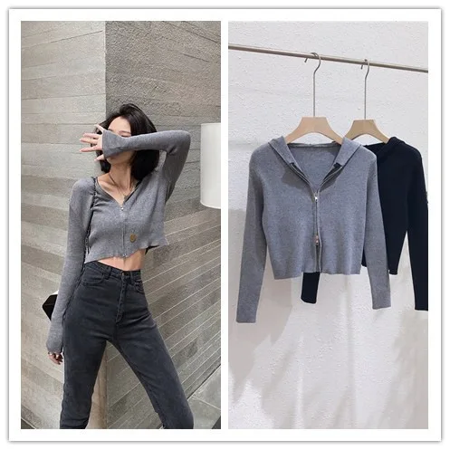 1135 Schwarze Strickjacke mit Kapuze, 2025, neue Herbst-Winter-Reißverschluss-Strickjacke mit schmaler Passform für Damen