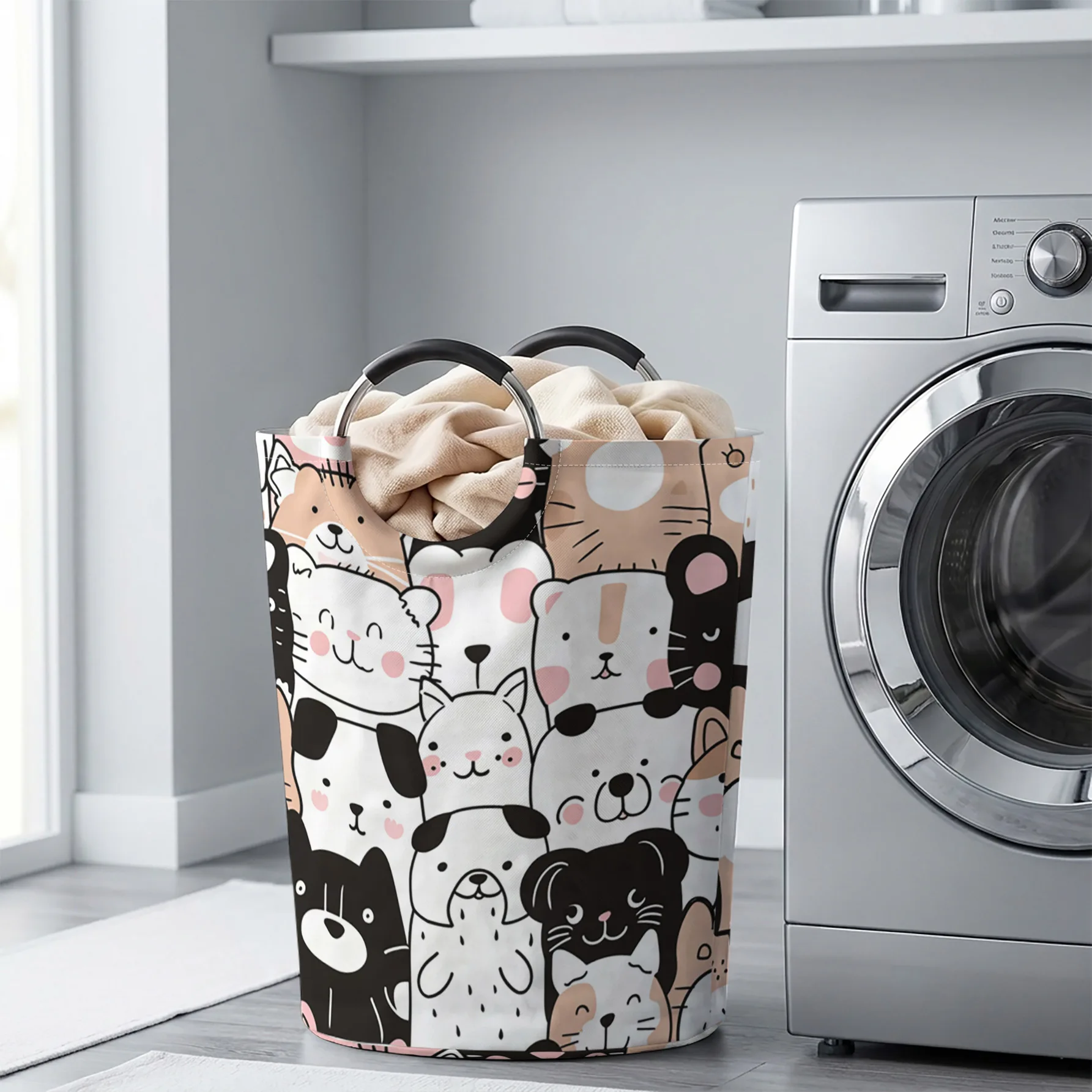 Cute Cartoon Cats And Dogs Doodle All‑Over Print Handheld Storage Basket, For Laundry, Bedroom & Home Sundries Storage