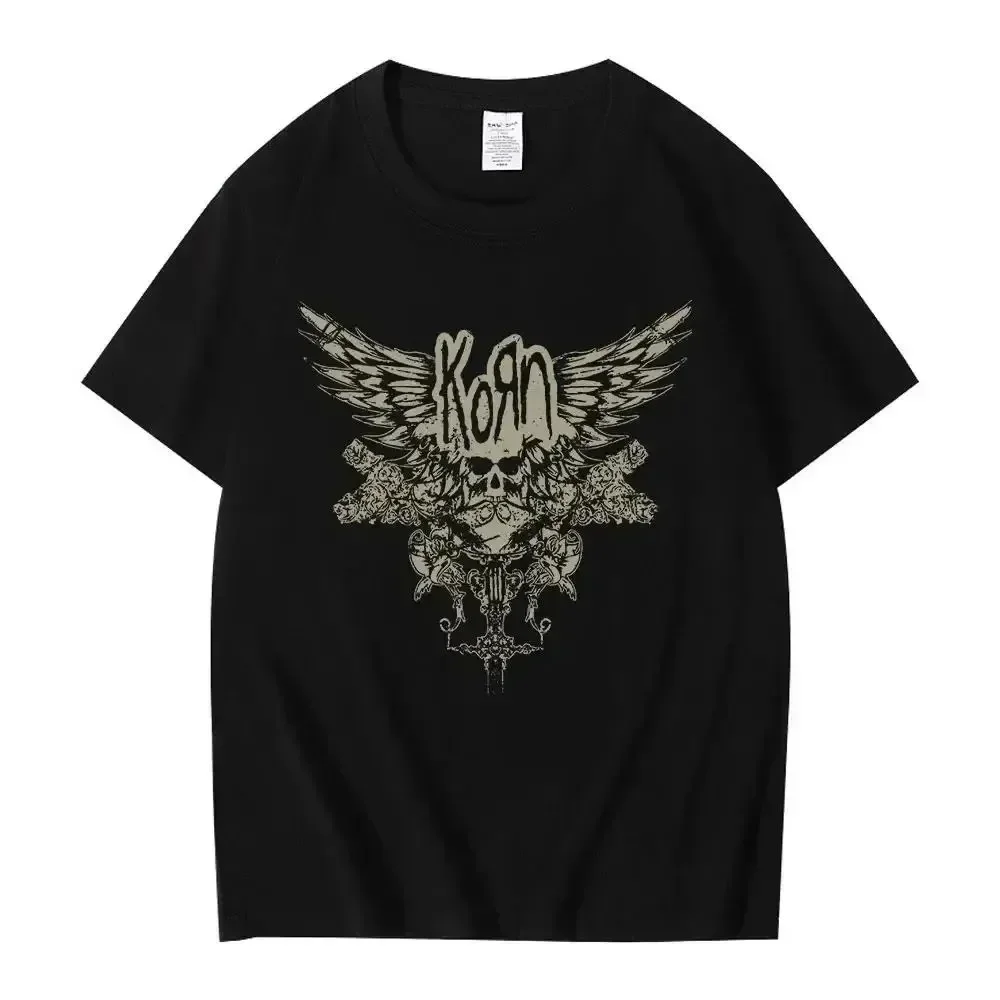 T-Shirt da uomo estiva 2024 Korn Skull Wings t-Shirt stampata in metallo Gothic Rock Band maglietta oversize abbigliamento uomo