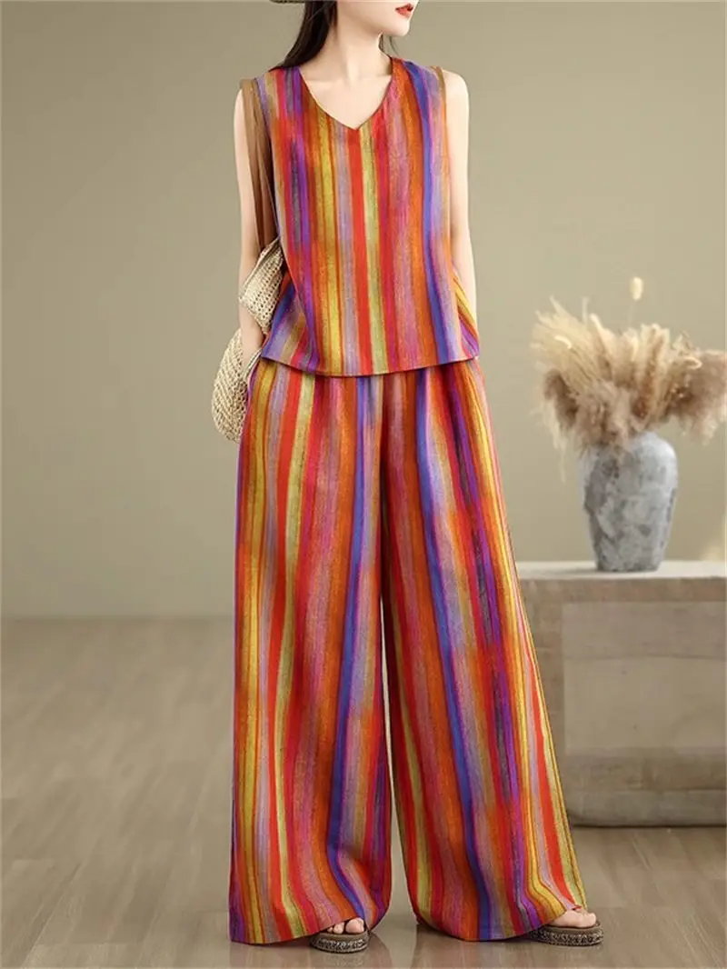

Rainbow Striped Cotton And Linen Set For Women's Summer New Sleeveless V-Neck Vest Top Wide Leg Pants Two-Piece Outfit g1036