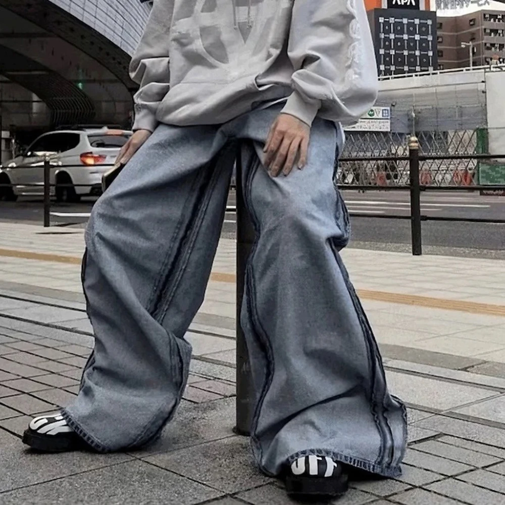بنطلون جينز فضفاض غير رسمي بأرجل واسعة للرجال ملابس الشارع مخططة ومغسولة ومرقعة جينز فضفاض كبير الحجم #6