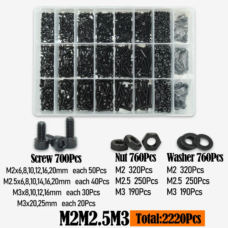 2500 Sechs kant Inbus Innen sechs kant schraube Kopfs ch raube m2 m2, 5 m3 m4 m5 m6 schwarz 2,5 Grad Kohlenstoffs tahl Schrauben Mutter Unter leg scheibe Sortiment – Detail 8