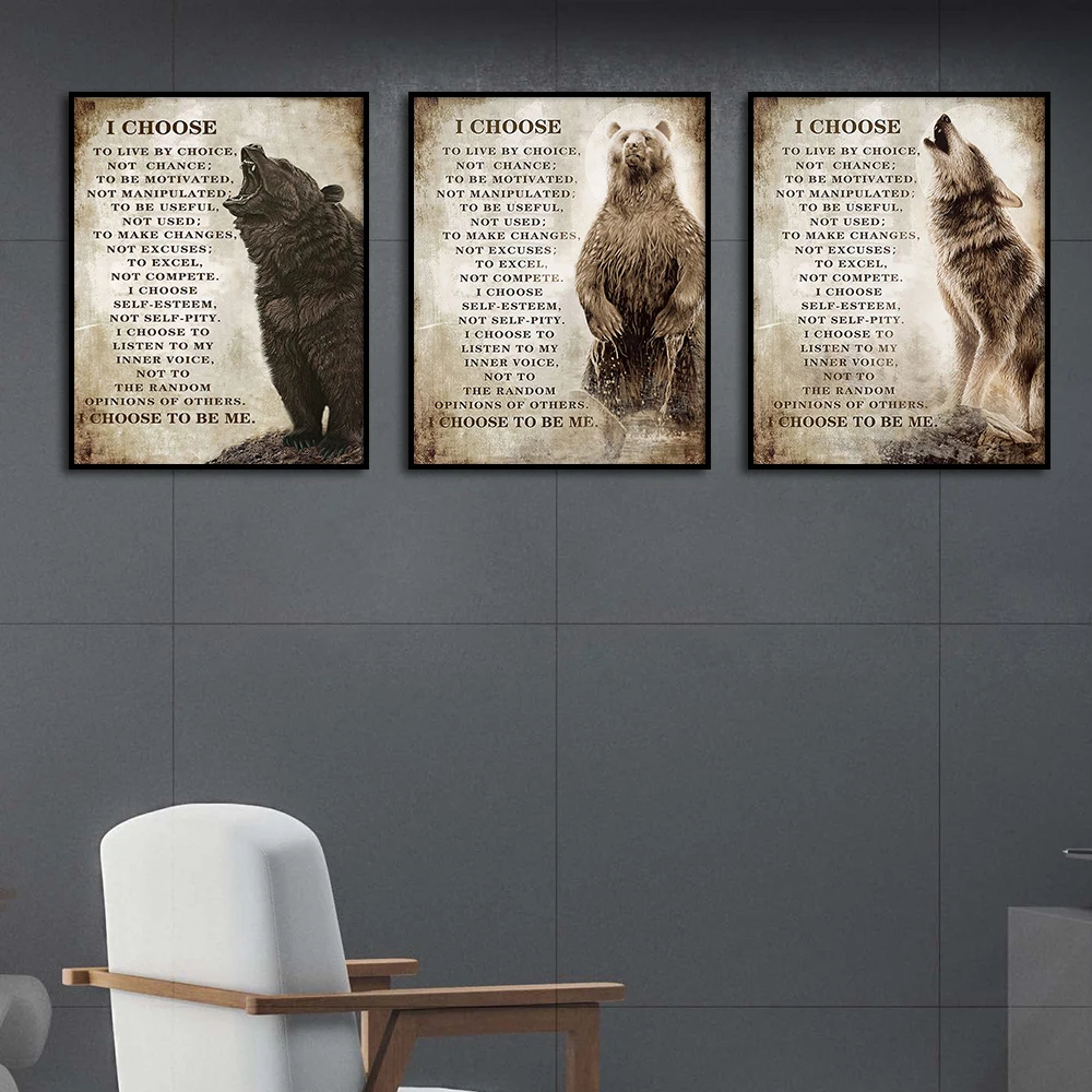 

Inspiring Quotes Poster I Choose to Motivational Wall Art Canvas Painting Prints Bear Wolf Animal Picture Office Home Room Decor