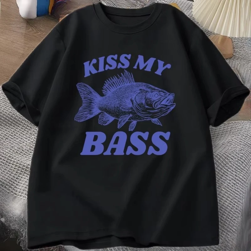 Retro Fishing T Shirt Kiss My Bass Tee Funny Men Dad Grandpa Fishing T-shirt Outdoorsman Humor Top Fisherman Gift Clothes Tshirt