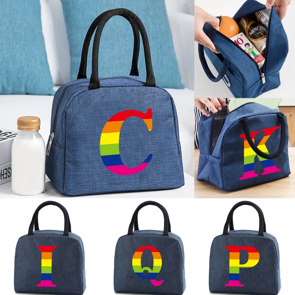 Portable Lunch Bag for Women Insulated Canvas Cooler Bag Thermal Kids Food Tote for Work Picnic Lunch Bags Girl Rainbow Pattern