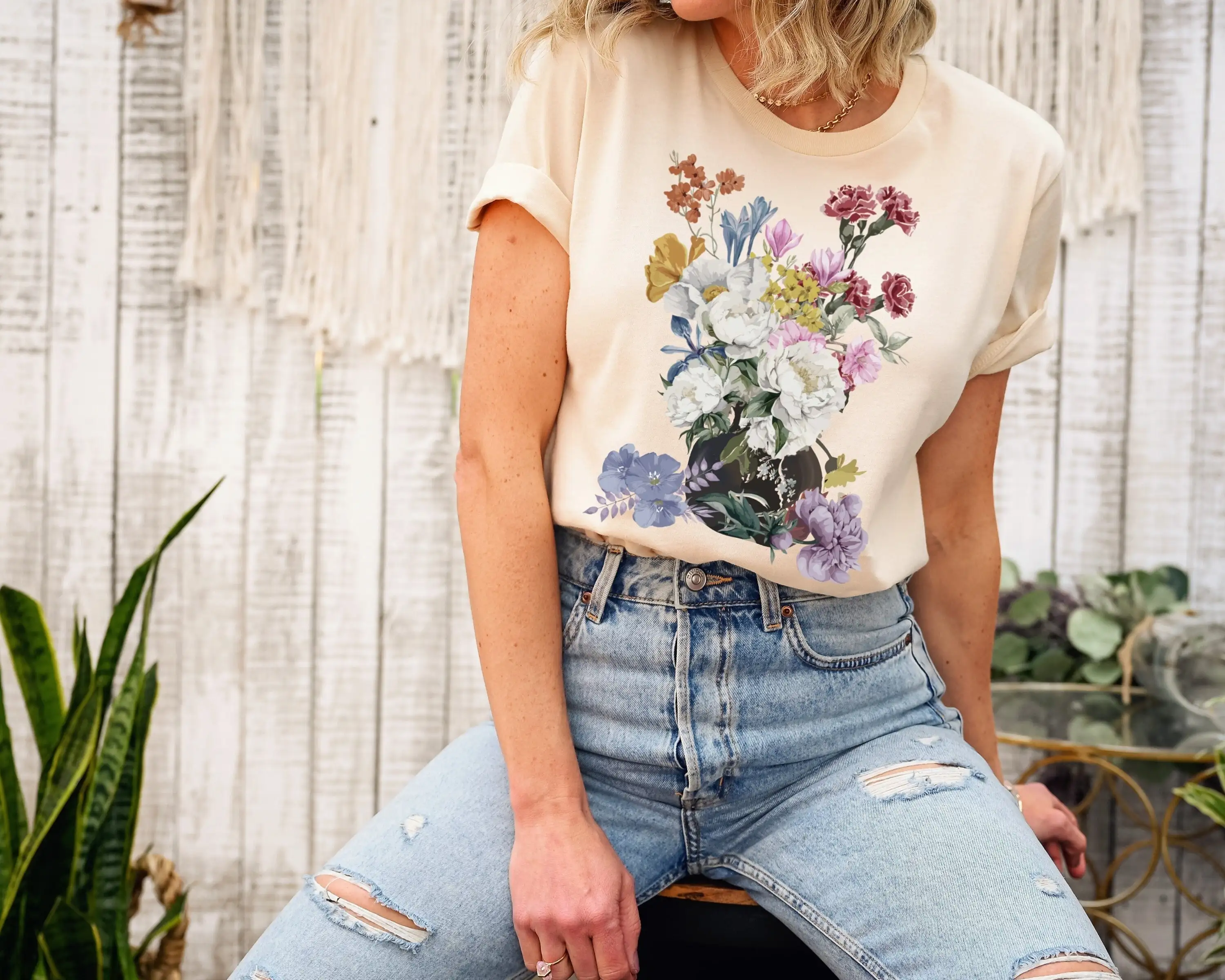 빈티지 보태니컬 파스텔 꽃병 티셔츠, 자연 꽃 애호가 코티지코어