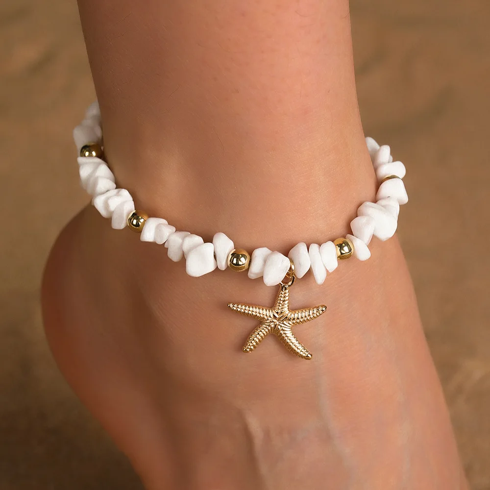 Pulsera de Tobillo con Cuentas de Turquesa Blanca y Colgante de Estrella de Mar, Ideal para el Verano, Sandalias, Playa, Joyería Nupcial