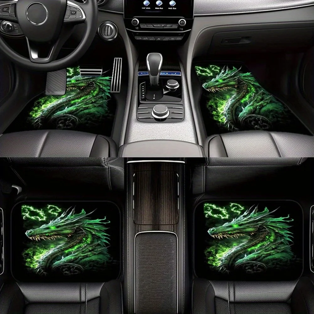 Set Of 4 Polyester 2D Fantasy Dragon Design Car Floor Mats For Front And Rear, Pads For Vehicle Interiors, Compatible With Most