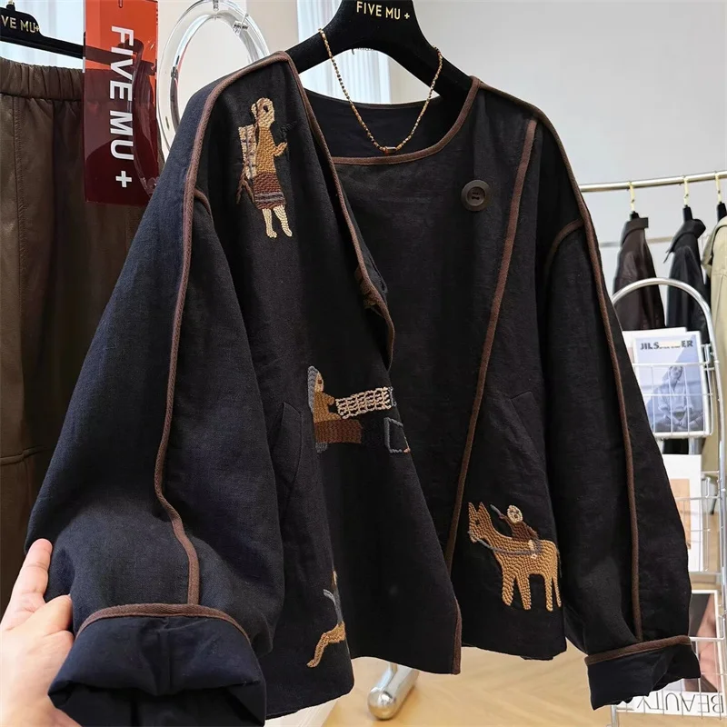 

Женские куртки Новая верхняя одежда Новое короткое пальто с вышивкой и круглым вырезом Женская осенняя великолепная свободная повседневная куртка Куртка Пальто