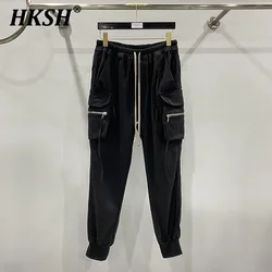 HKSH Men's Tide Dark Large Pocket Strap Casual Safari Style Cargo Pants Slim Fashion Trendy Elastic Waist Trousers Cotton HK1379