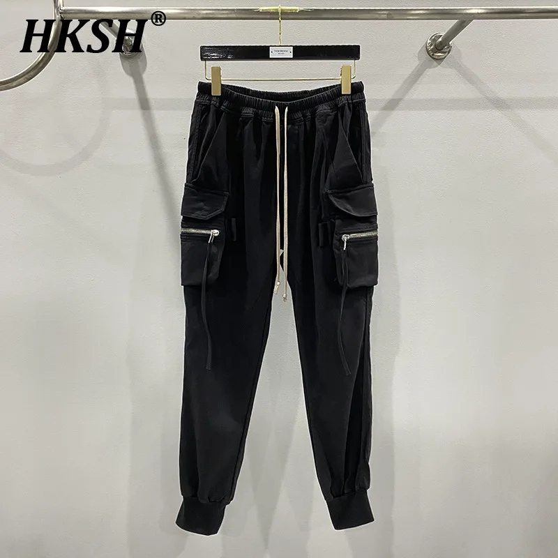 HKSH Men's Tide Dark Large Pocket Strap Casual Safari Style Cargo Pants Slim Fashion Trendy Elastic Waist Trousers Cotton HK1379