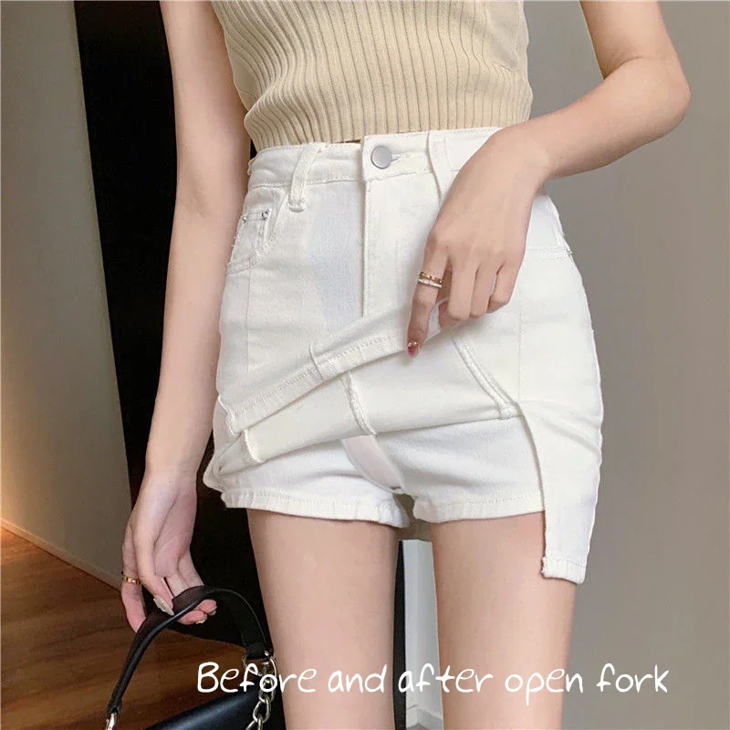 Mini Skirt Female Open Crotch Outdoor Sex Pants Women Jeans Skirts Exotic Casual Streetwear Vintage Denim Skort Korean Fashion