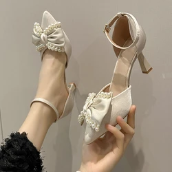 Women's single shoes Spring and autumn new pointy bow pearl buckle high heels Fashion temperament sweet party shoes