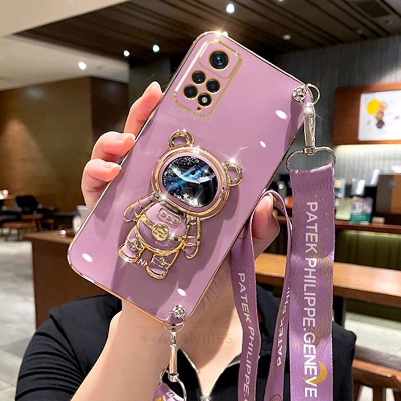 Note11s Crossbody Lanyard Plating Case On dla Xiaomi Redmi Note 11 pro 4g 5g 11s 10 10s 11pro 9 8 Astronaut Silicone Stand Cover