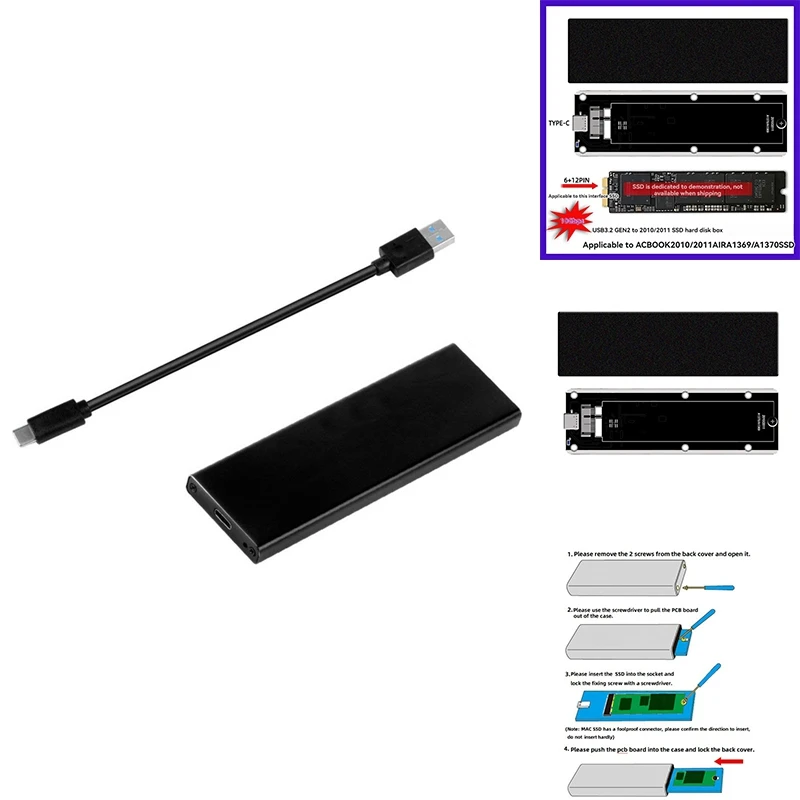 For  2010 2011 Air A1369 A1370 SSD Case USB3.2 GEN2 To 12+6Pin M.2 SATA SSD Enclosure 6Gbps M2 SSD Box