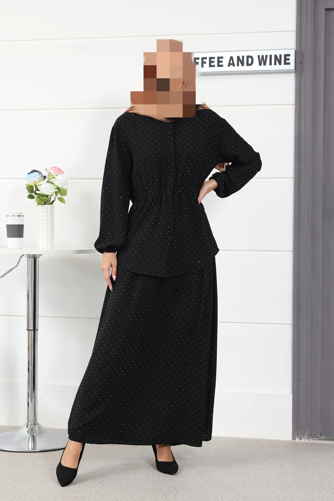 Oriente médio sle bolha sve redondo ne irt f saia conjunto feminino faion verão roupa de fibra de poliéster longo botão sve