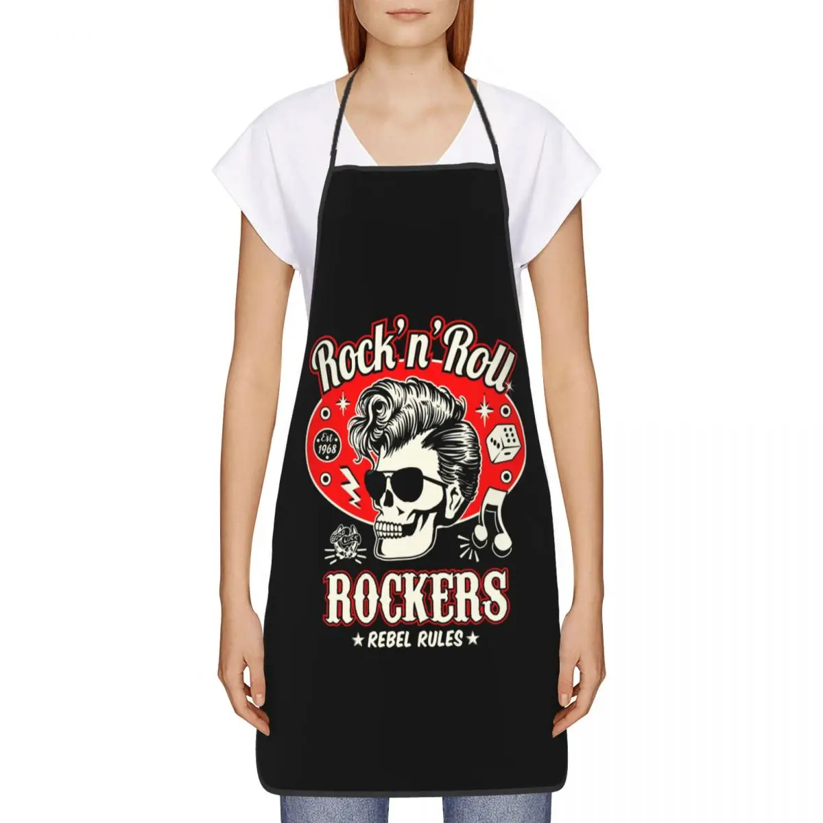 Custom Rockabilly Rock And Roll Skull Dice Rockers Bib Apron Unisex Kitchen Chef Tablier Cuisine for Cooking Baking Gardening