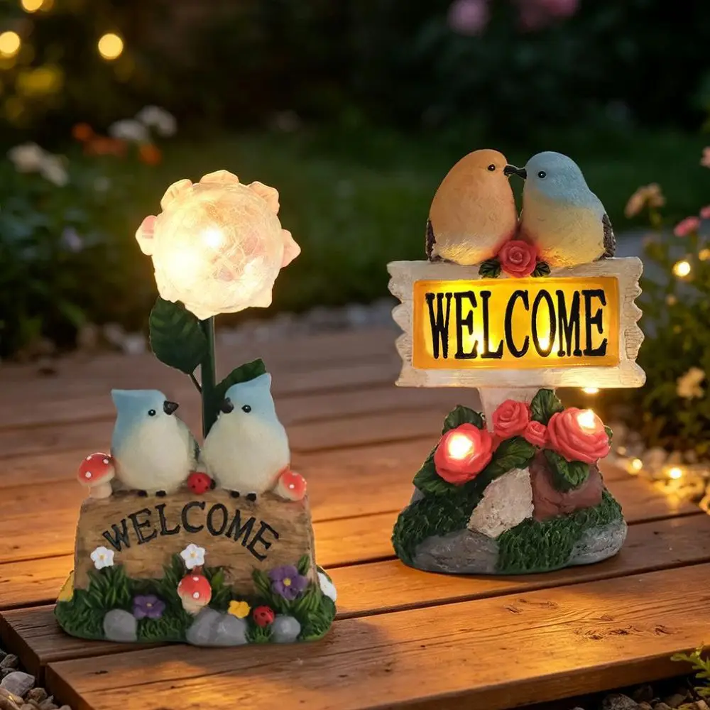 Solar Powered Garden Welcome Sign Durable Resin Creative Design Bird Figurine No Wiring Needed Warm Light Garden Ornament
