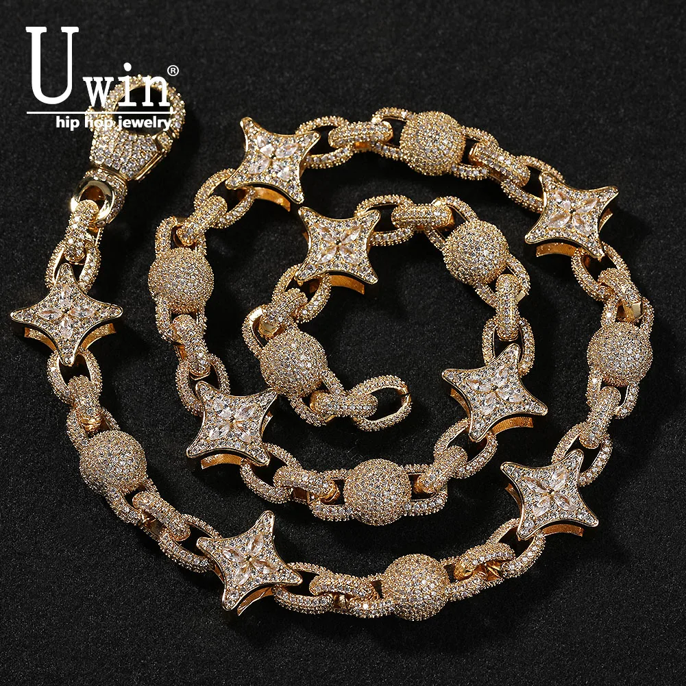 

UWIN Star Bead Necklace Four-pointed Star Chain Full Iced Out CZ Link Luxurious Choker HipHop Jewelry