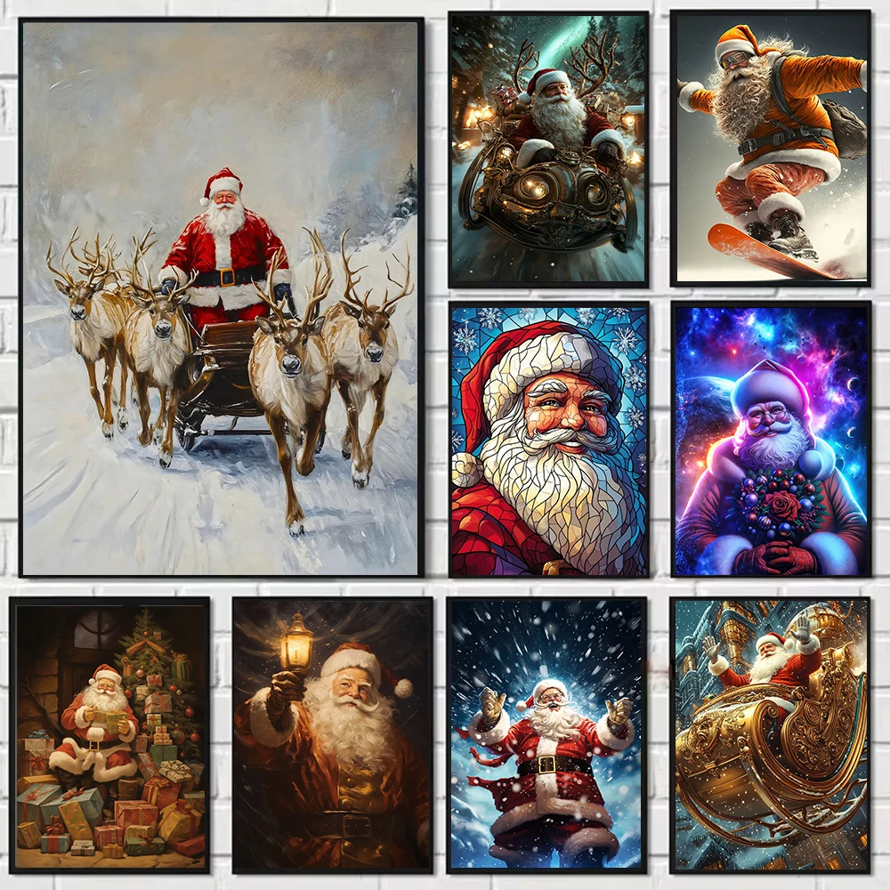 Vintage Santa Claus Portrait Canvas Painting Deer Car Toy Cookie Christmas Wall Decor Home Decor Poster Cuadros