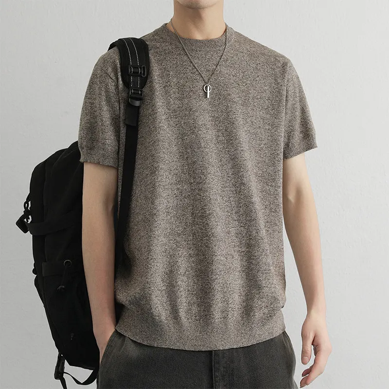 

Мужской тонкий трикотажный свитер с круглым вырезом и коротким рукавом, однотонный, весна-лето, повседневная вязаная одежда, нижняя рубашка