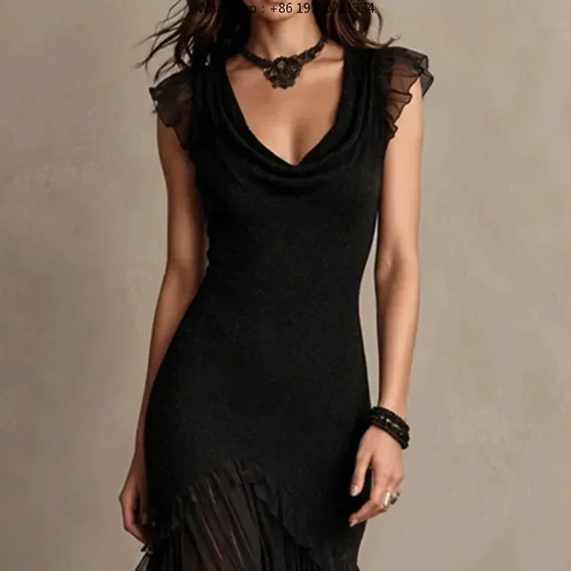 Women Solid V Neck Mermaid Dress Slim Fit Mesh Ruffle Sleeve Irregular Long Evening Prom Party Dress