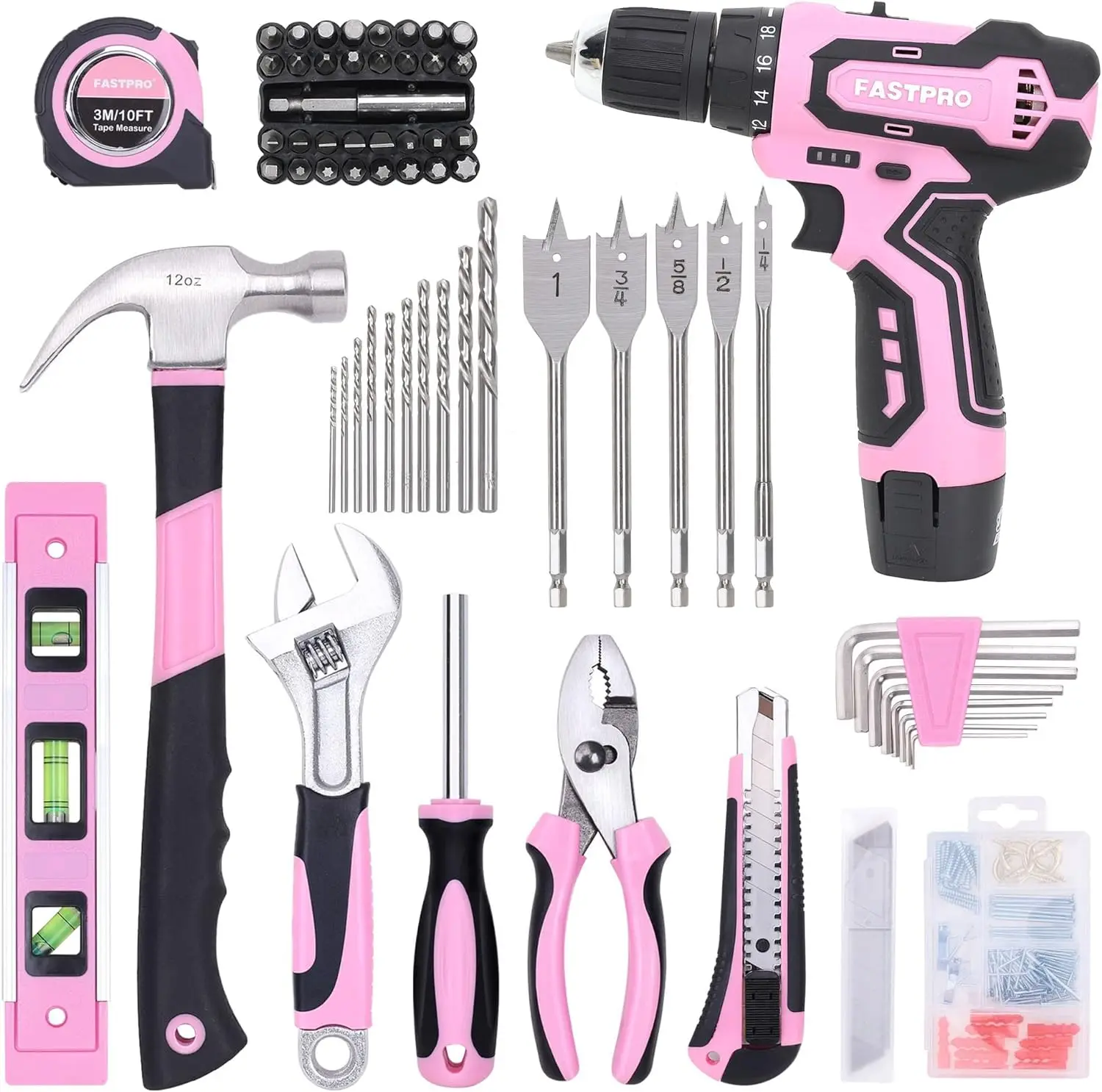 175-Piece 12V Pink Drill Set, Cordless Lithium-ion Driver and Tool Kit, House Repairing Tool with 12-Inch Storage Bag