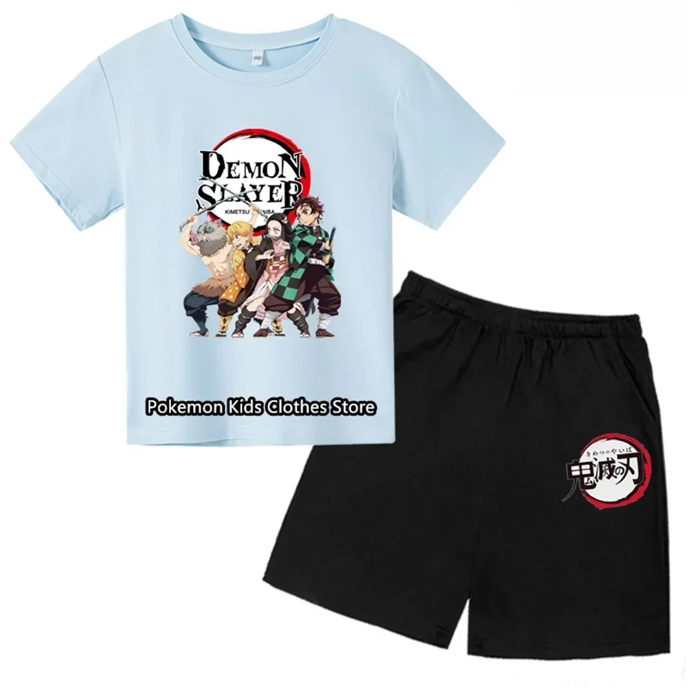 Boys Girls Clothes Set Summer Cartoon Demon Slayer T shirt+Short Pants 2pcs Children Clothing Teen 1 2 3 4-14 Year Kids Suit